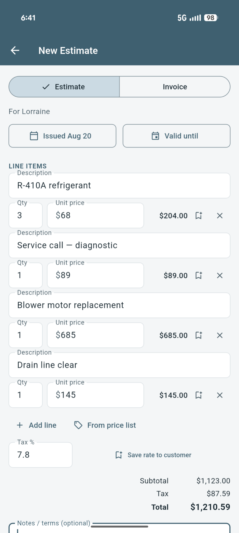 A new estimate with line items, quantities, unit prices, tax and a total.