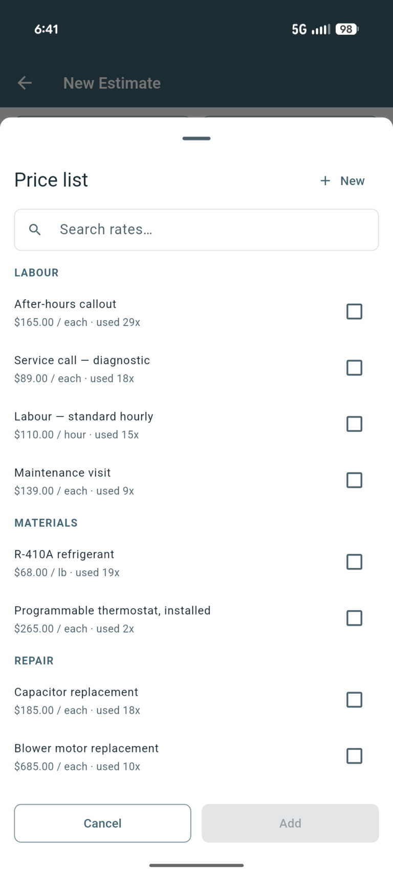 The saved price list, grouped into labour, materials and repair, each rate showing how often it has been used.